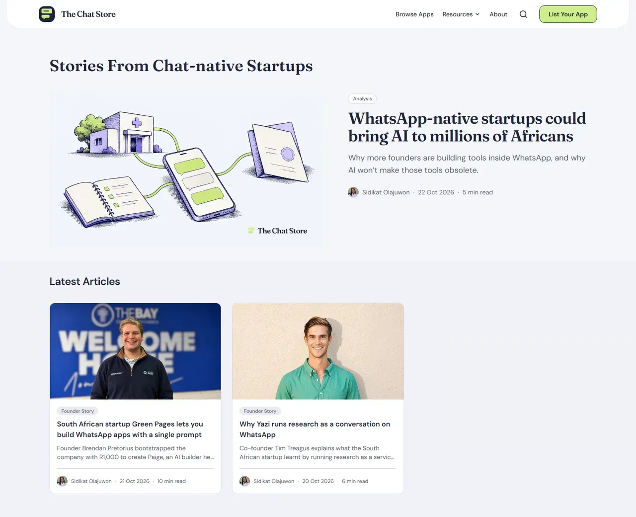 The Chat Store blog: founder stories about Green Pages and Yazi, and an analysis piece on WhatsApp-native startups