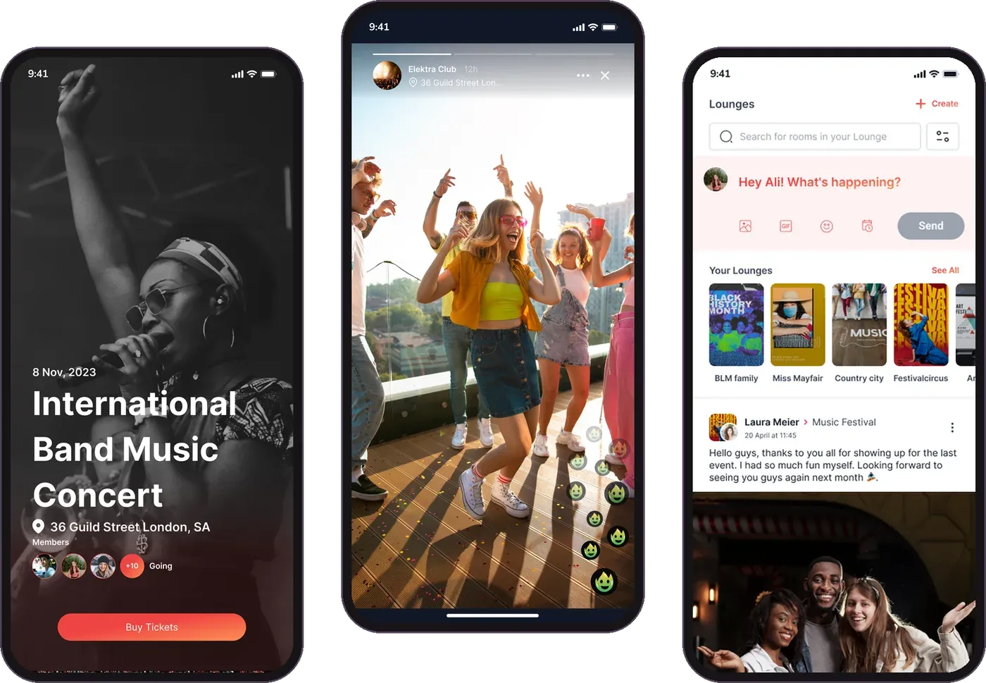 Three Whatsnxt MVP screens: an event page, Vibes and Lounges